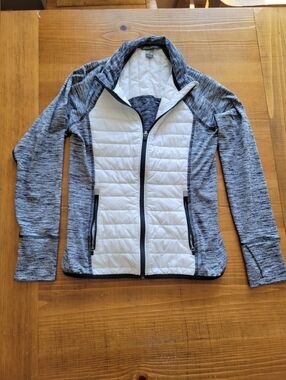 Eddie Bauer Gray Black White Stretch Full Zip Up Top Roll Up Hidden Hood Size S
